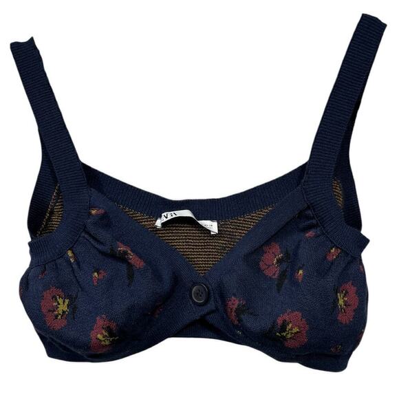 Zara Navy Blue Floral Knit Bralette Crop Top / Size-Medium - Picture 2 of 8